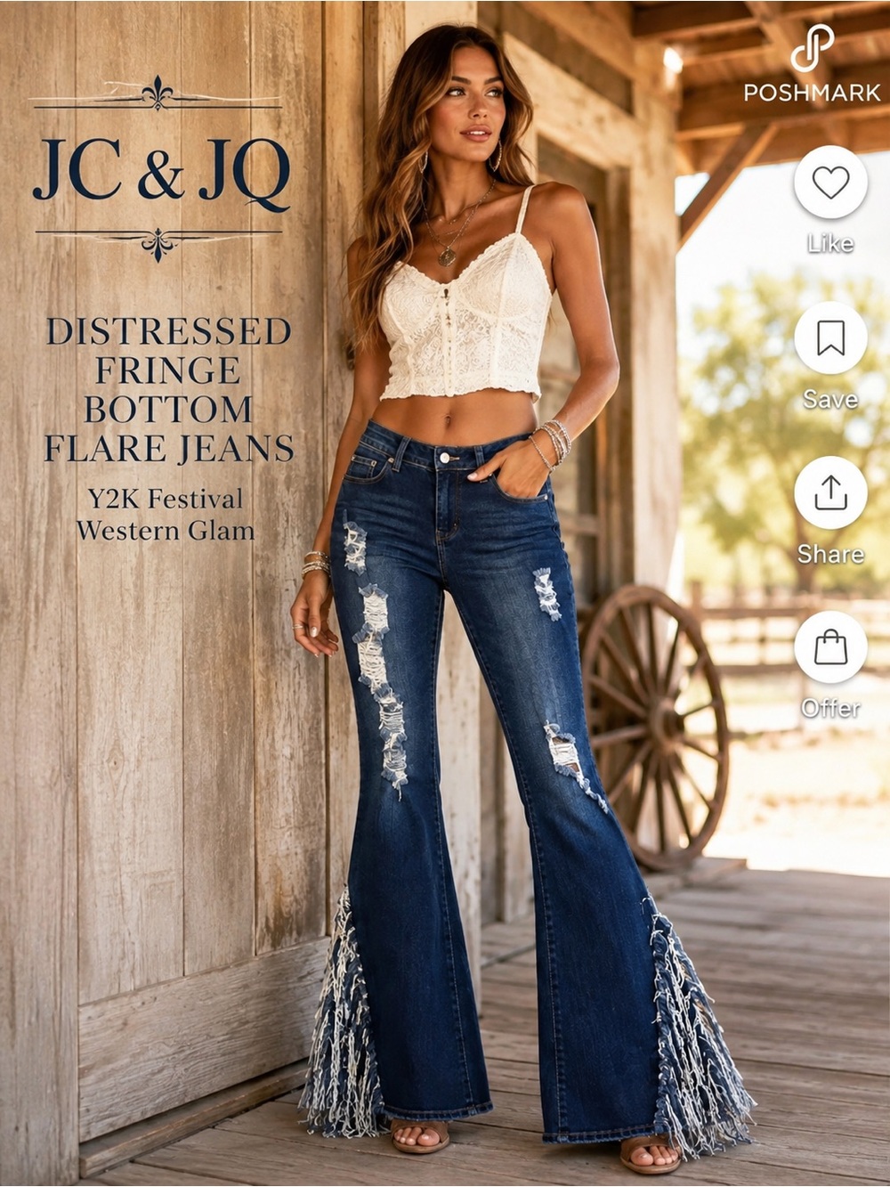 JC & JQ Distressed Fringe Bottom Flare Jeans Y2K Festival Western Glam Size M